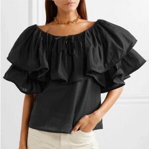 RHODE RESORT Blanca Off Shoulder Ruffled Cotton-Voile Top Tiered Neck Tie Black